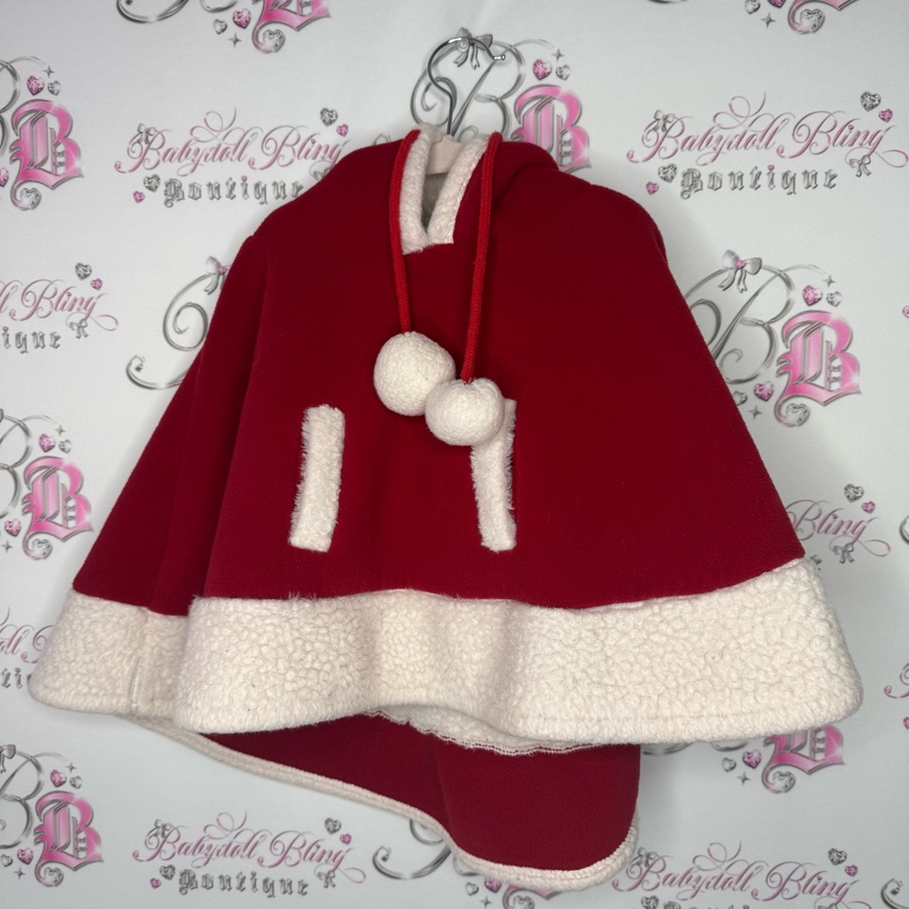 Doppio’s poncho reindeer kids red white Pom poms deer hood cute cozy warm Xmas - Picture 5 of 8